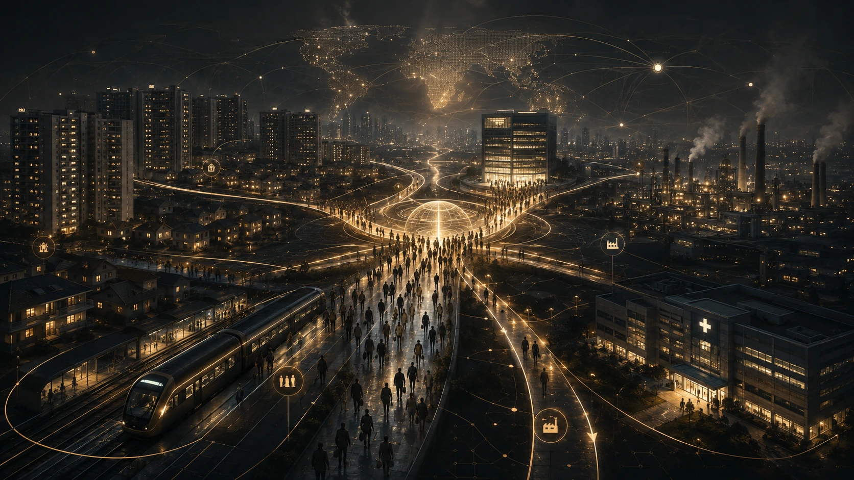 A conceptual file image showing labor routes, population movement, city pressure, institutional funding, and human flow as structural systems.