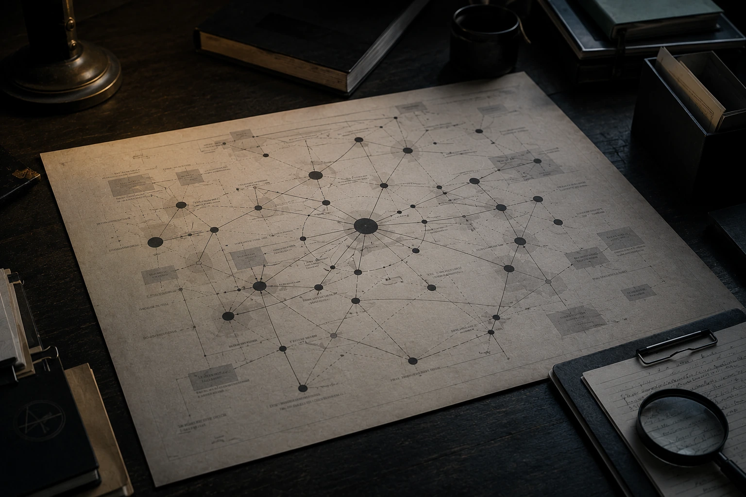 A quiet institutional table holding a route map with narrow passages, pins, and connected lines suggesting supply chains, infrastructure, and hidden bottlenecks.