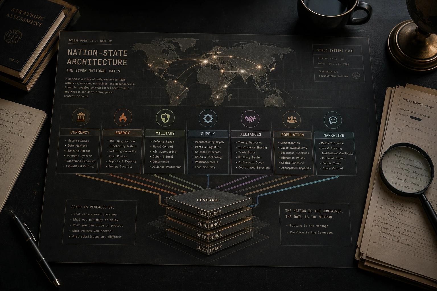 A formal strategy desk with abstract national rail diagrams, route lines, and institutional documents representing currency, energy, military reach, and supply chains.