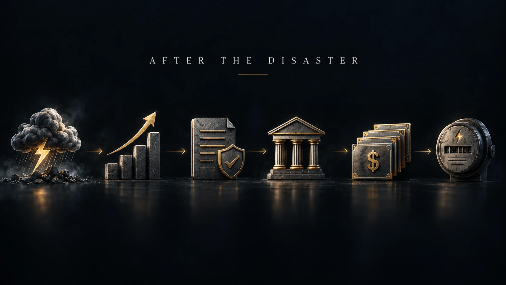 Illustrated mechanism showing disaster costs becoming long-term customer-backed financial assets.
