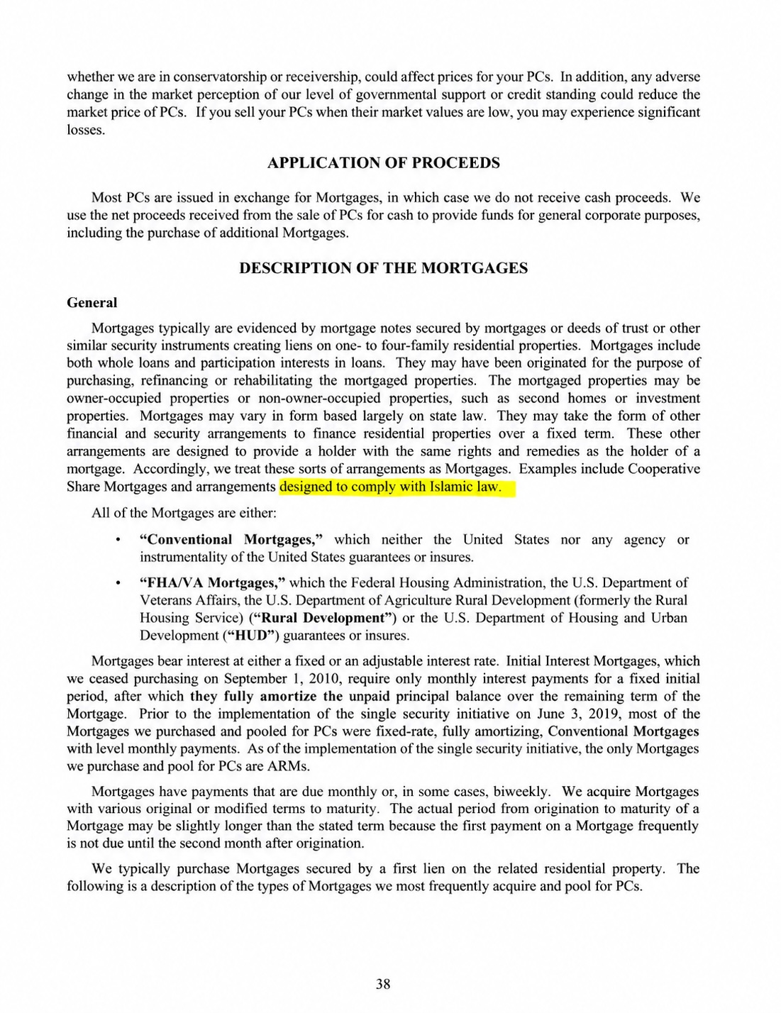 Freddie Mac offering circular language referring to financing arrangements designed to comply with Islamic law.