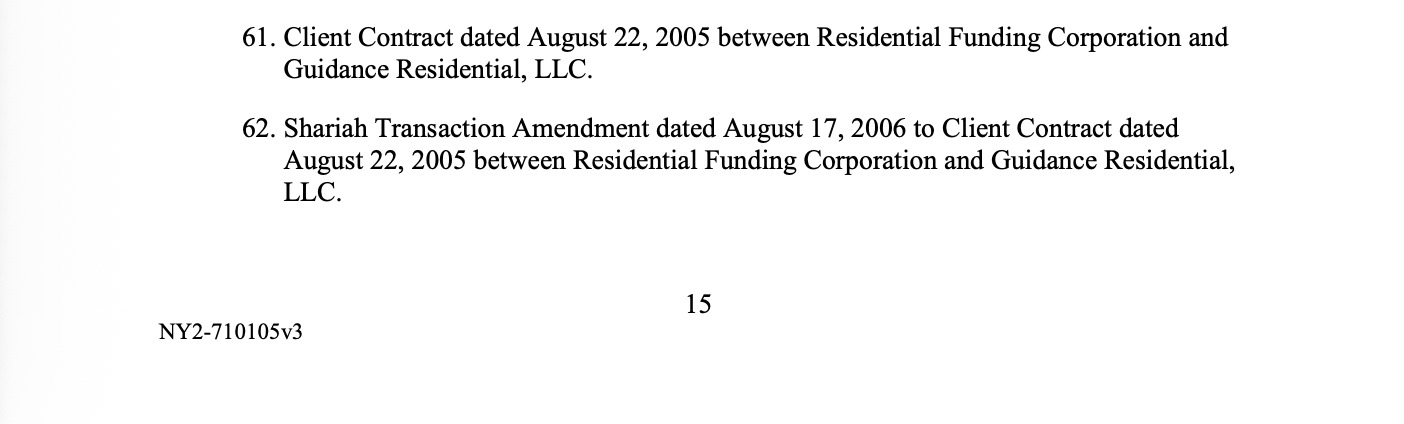 Residential Capital contract schedule listing the Guidance Residential client contract and Shariah Transaction Amendment.
