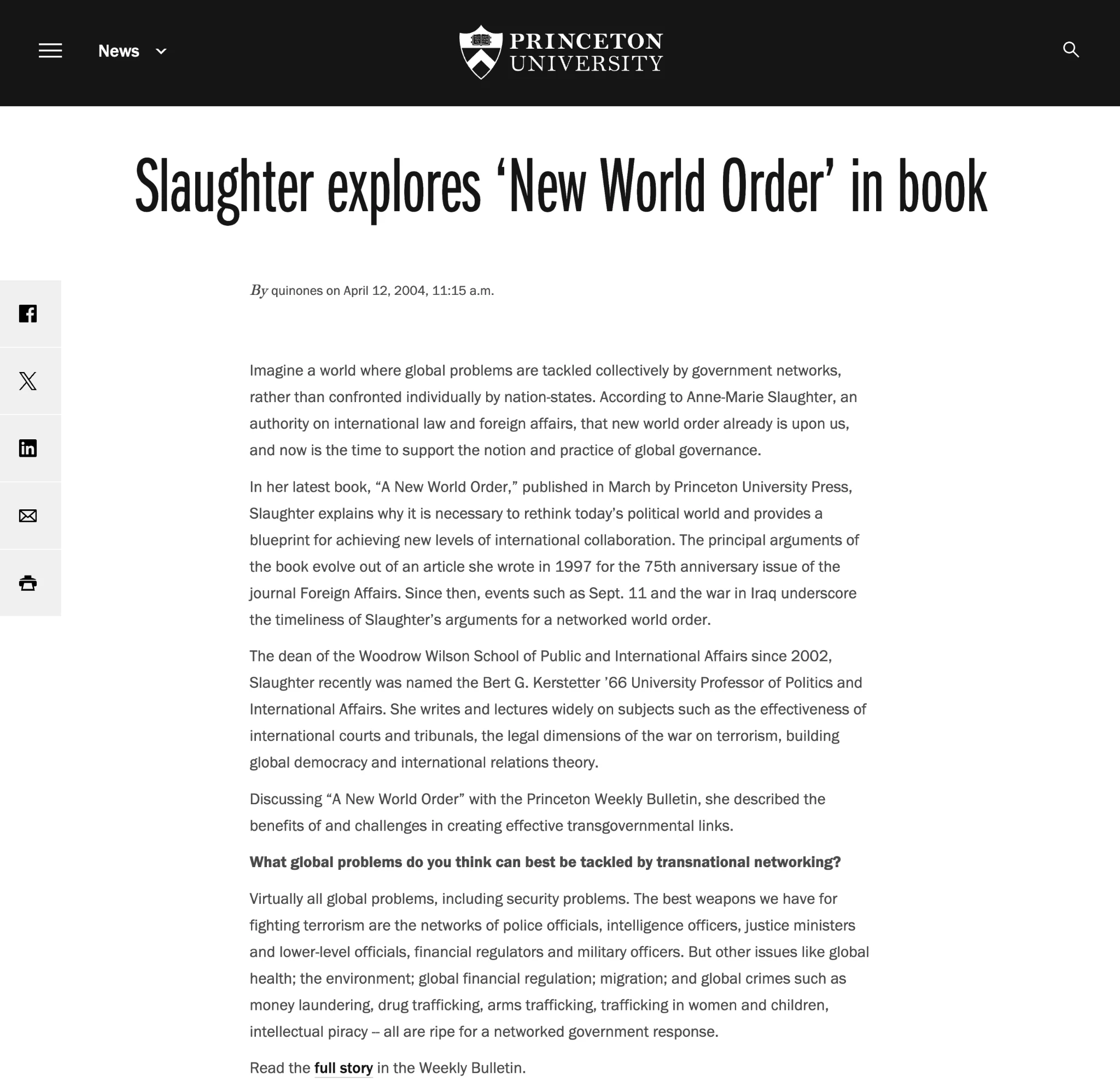 Princeton University article about Anne-Marie Slaughter and A New World Order.