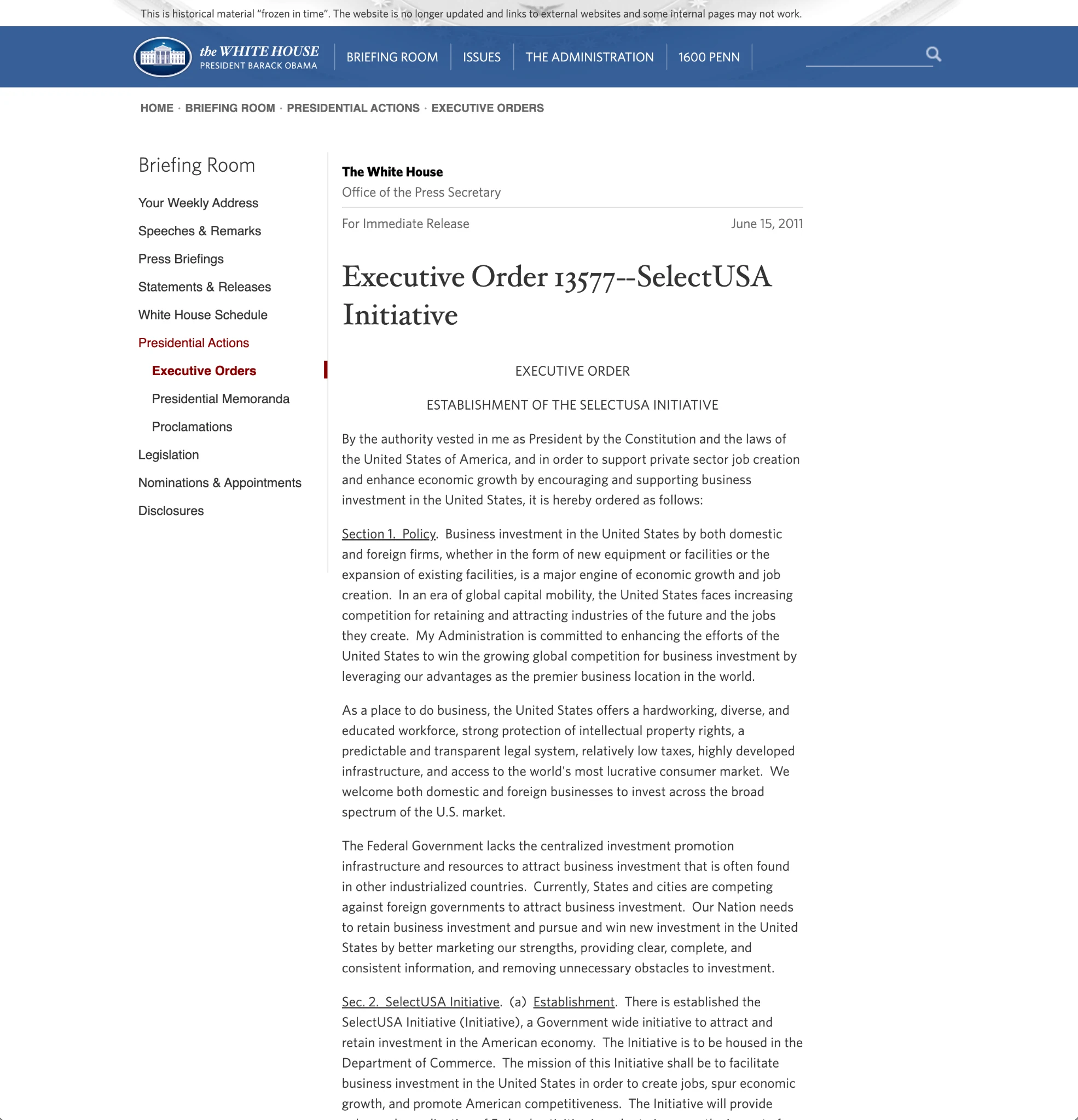 Obama White House Executive Order 13577 establishing SelectUSA in 2011.