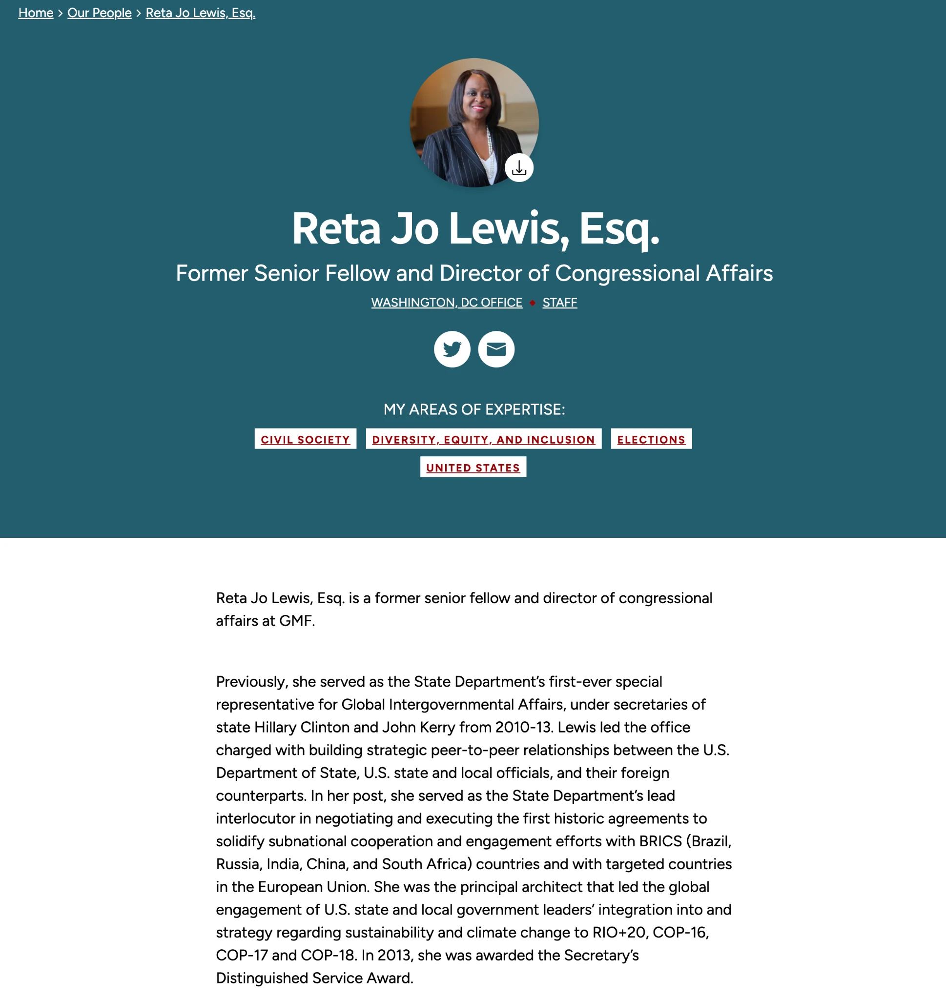 German Marshall Fund biography of Reta Jo Lewis describing BRICS subnational cooperation.