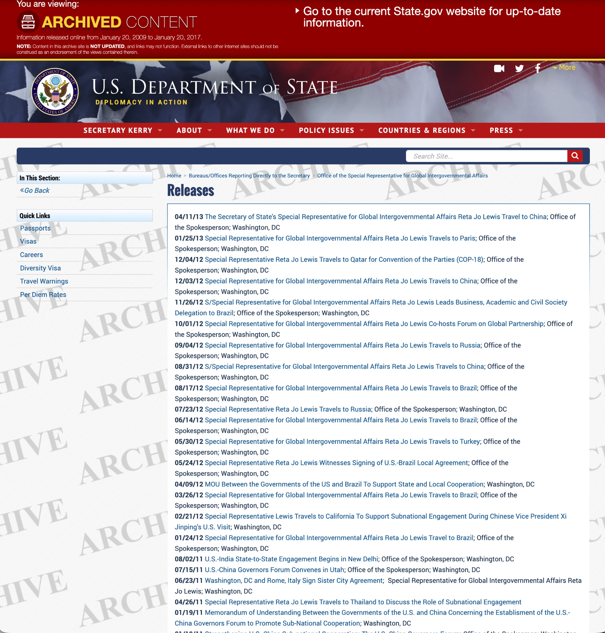 State Department archive of Reta Jo Lewis subnational engagement releases involving China, Brazil, Russia and India.