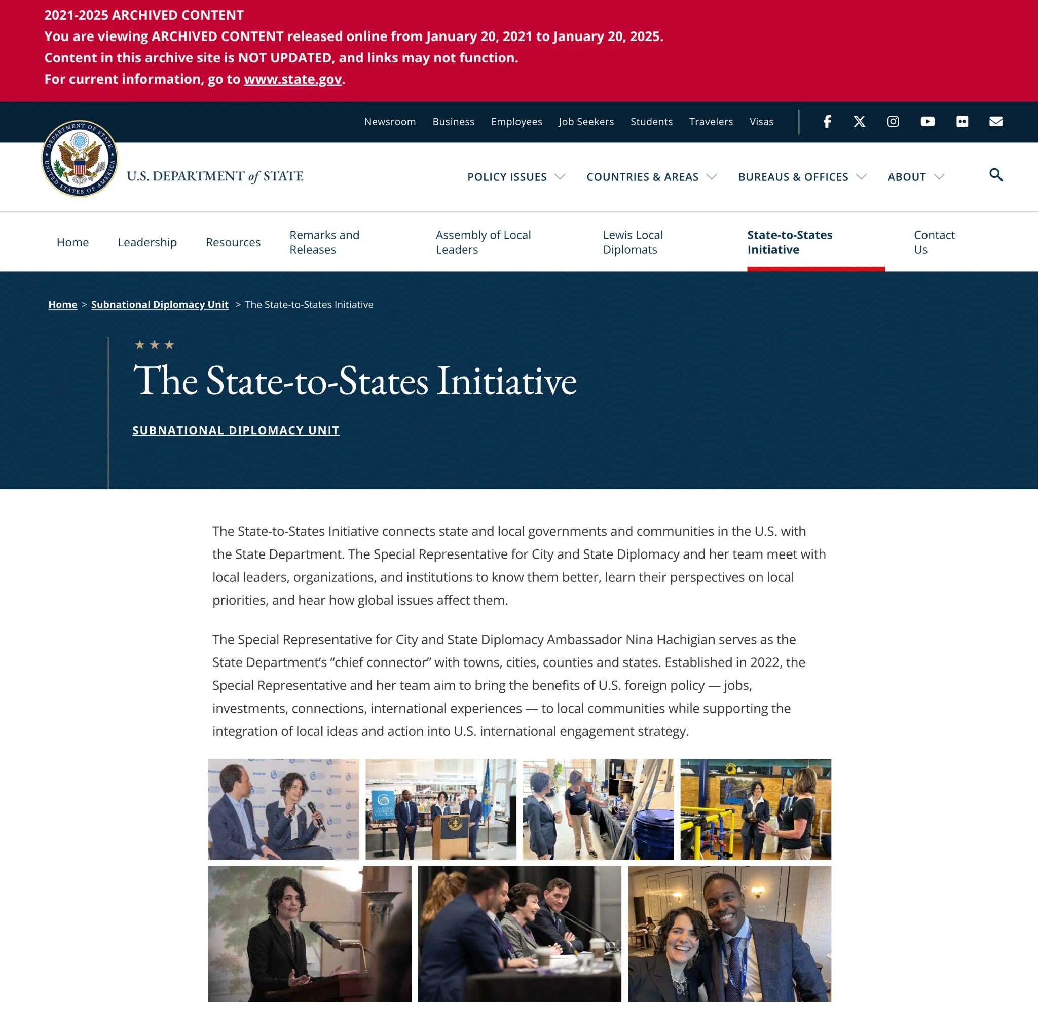State Department State-to-States Initiative page from the Subnational Diplomacy Unit.