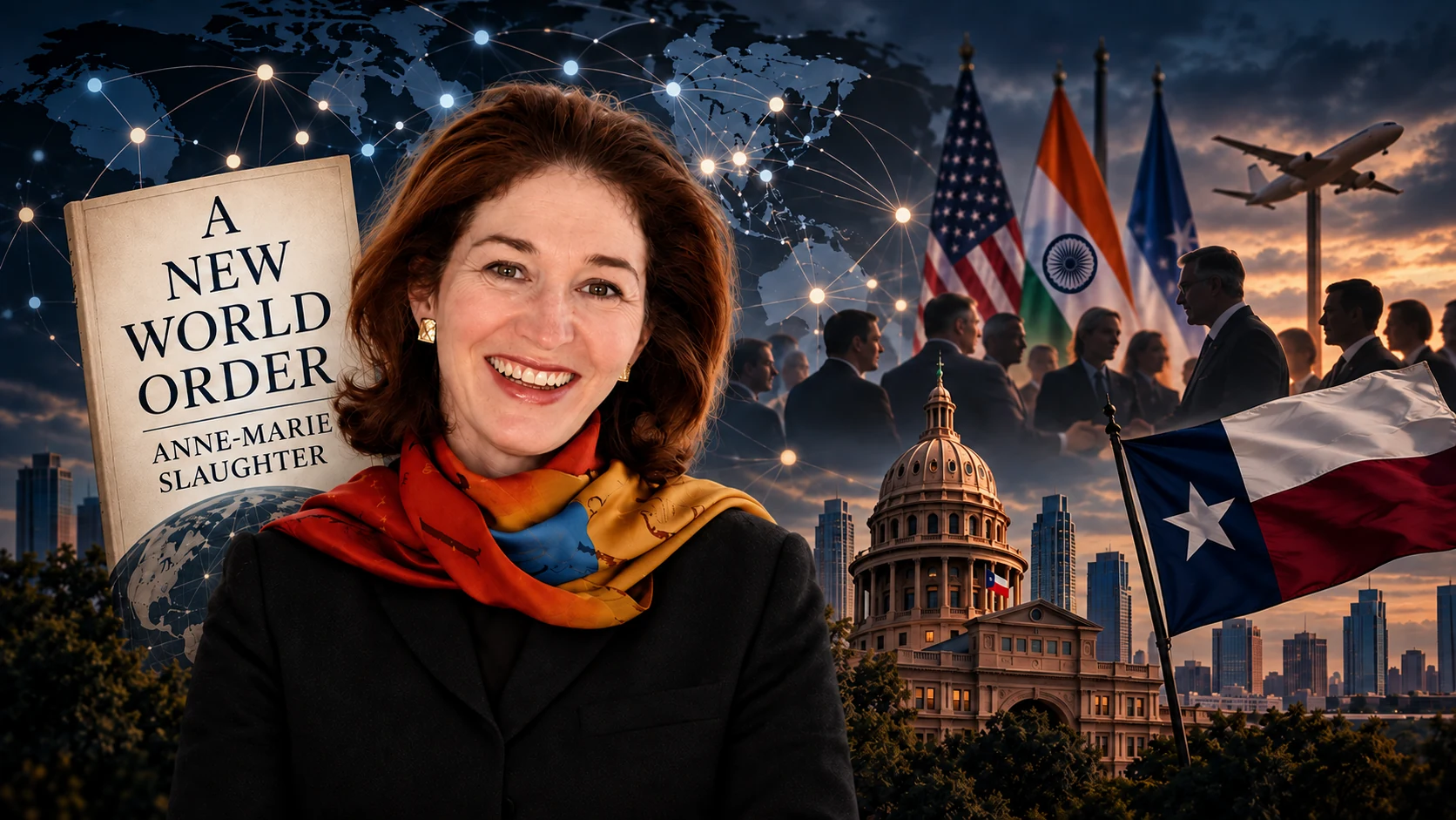 Anne-Marie Slaughter beside A New World Order, with U.S., India and Texas imagery.