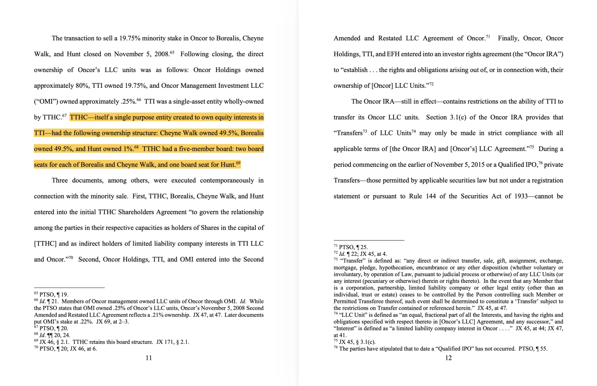 Delaware Chancery Court opinion describing 49.5 percent Cheyne Walk, 49.5 percent Borealis and 1 percent Hunt ownership of an intermediate holding company.