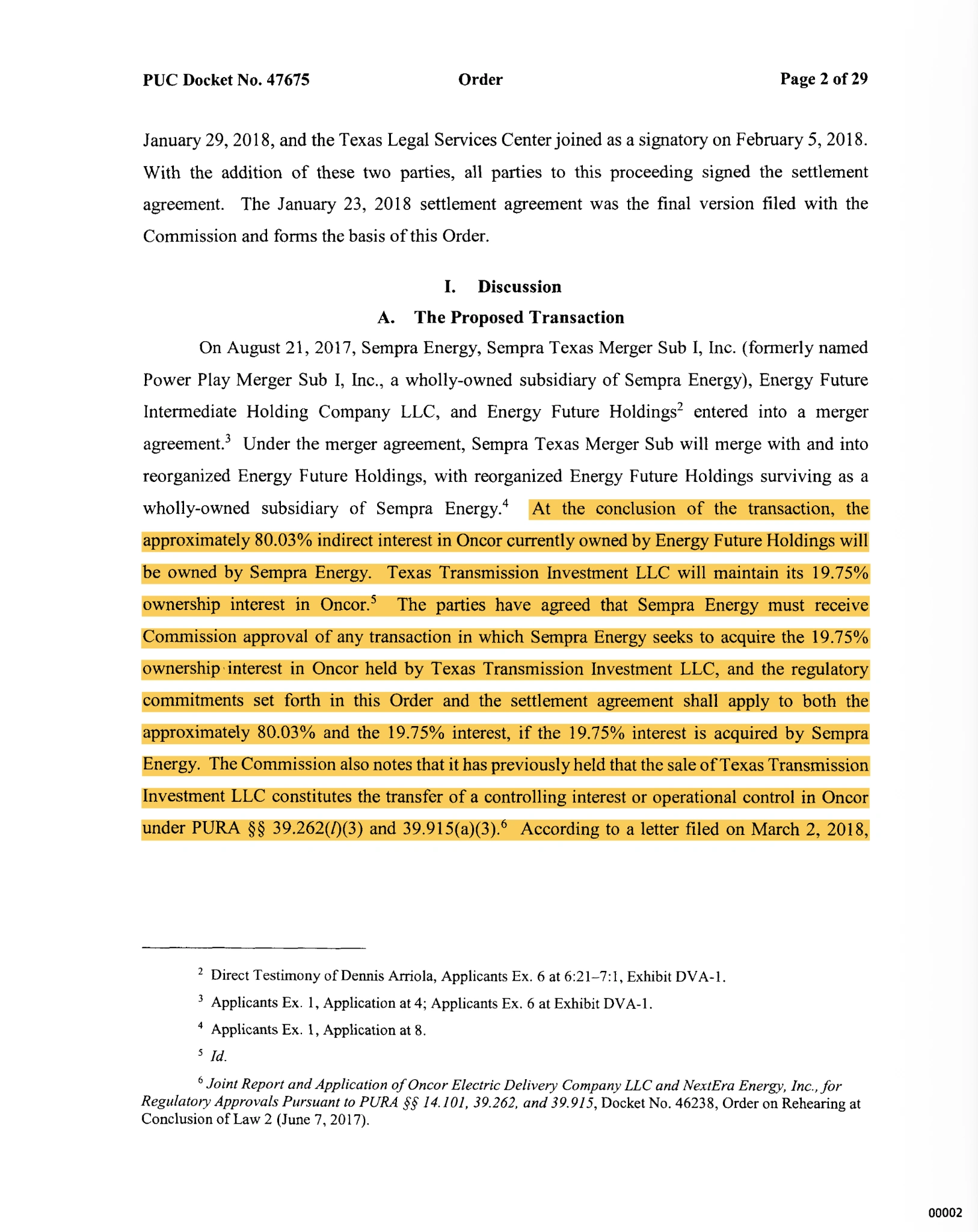 Texas PUCT Docket 47675 order, page 2, describing Sempra and Texas Transmission Investment interests and the regulatory treatment of a transfer of TTI.