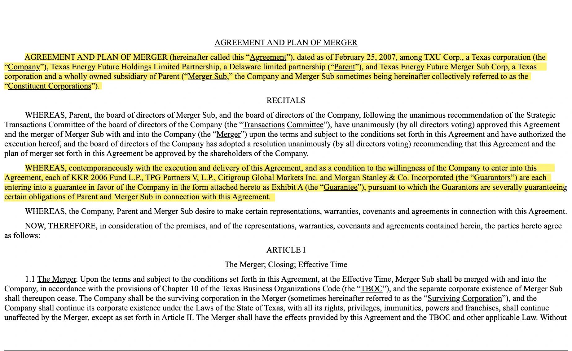 Original February 25, 2007 TXU merger agreement identifying the parties and four guarantors.