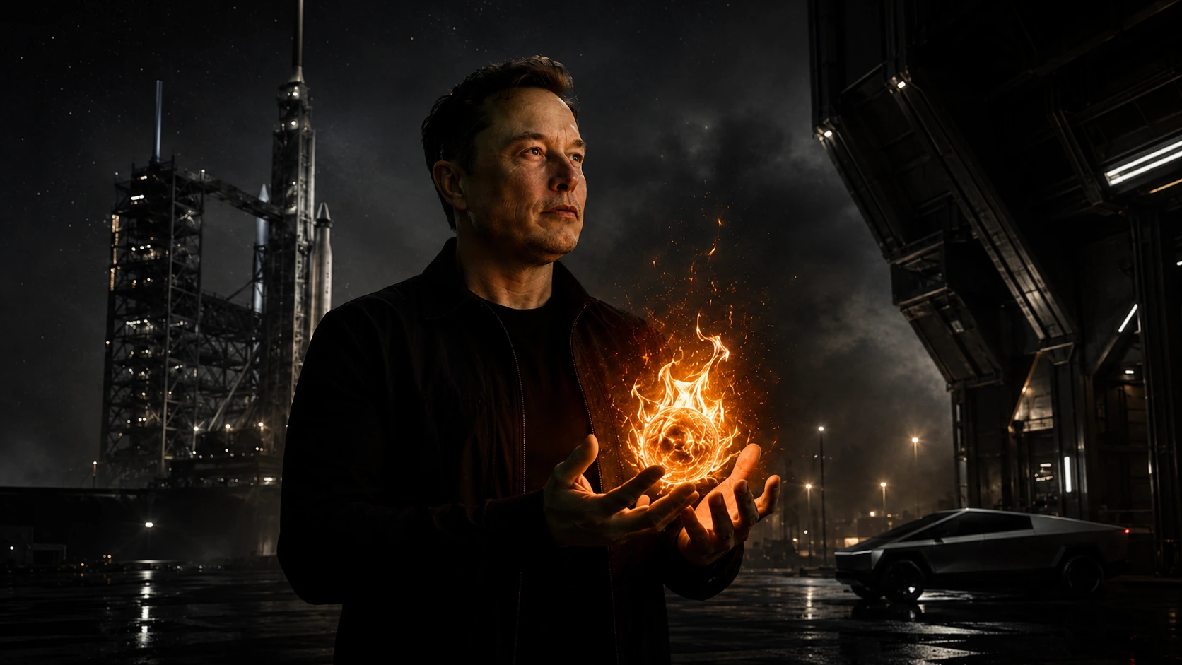 AI-generated editorial image of a technology fire-bearer standing near a futuristic launch facility, holding a glowing fire-like energy source as a symbol of Promethean invention and power.