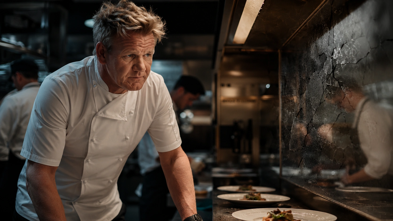 Gordon Ramsay standing intensely in a professional kitchen beside a fractured glass surface, suggesting a polished restaurant facade breaking under pressure.