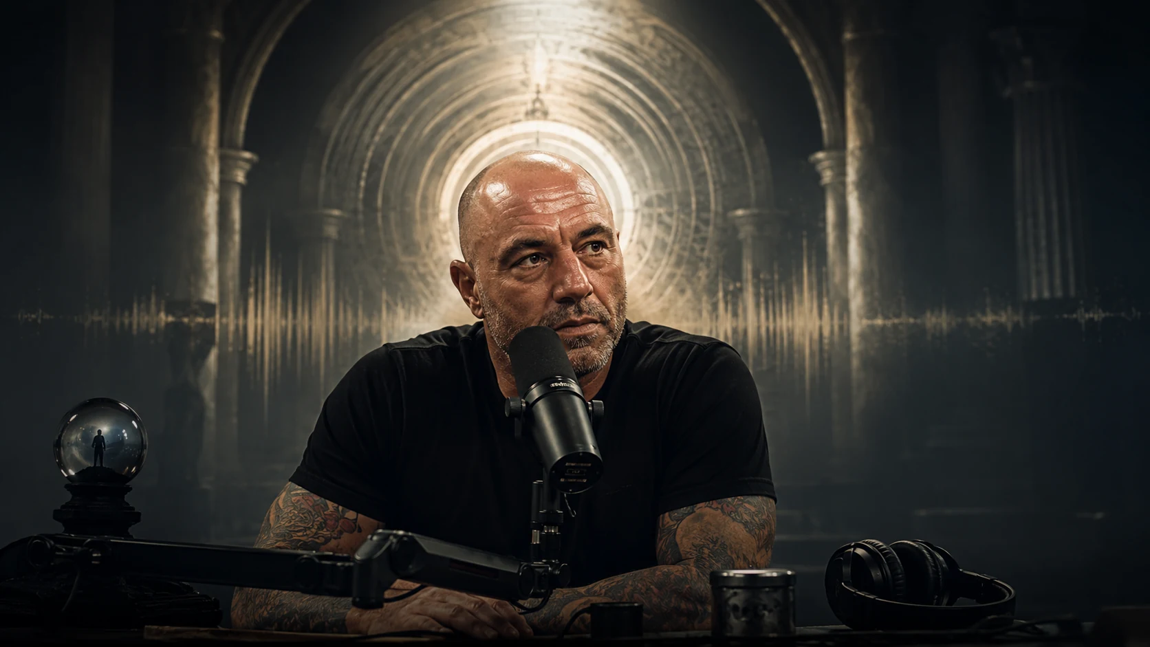 AI-generated editorial portrait of Joe Rogan in a moody studio environment, suggesting outsider authority becoming institutional power.