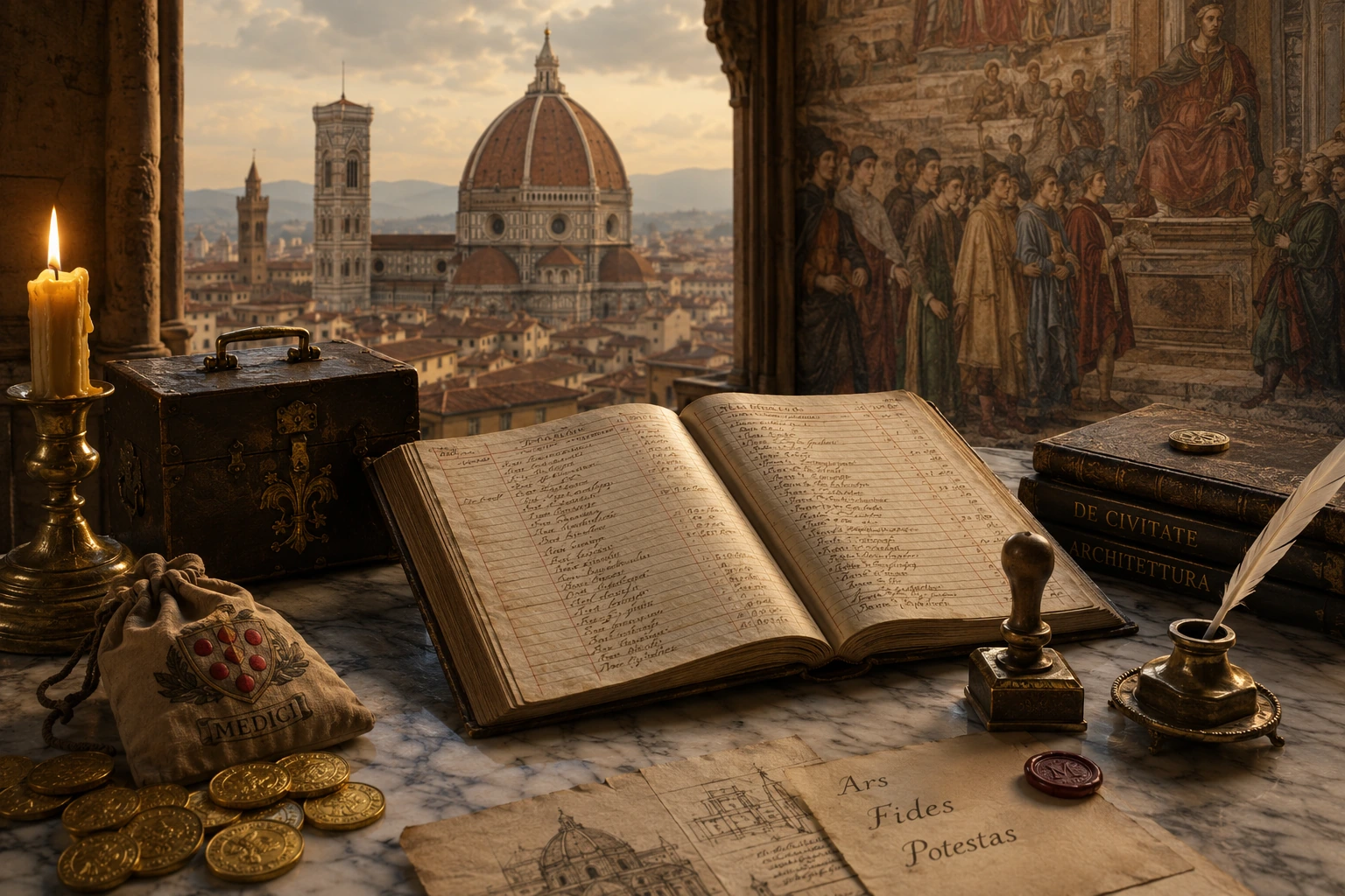 AI-generated editorial illustration of a Renaissance banking ledger on a marble table with candlelight and a distant fresco, suggesting the hidden financial architecture behind cultural power.