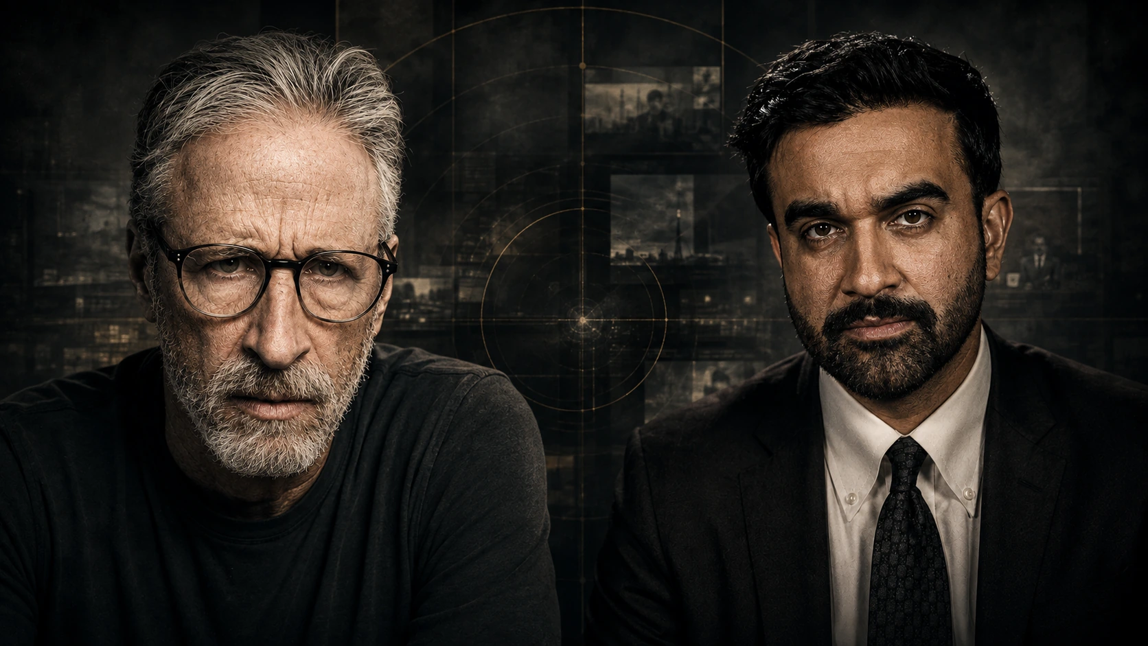 Jon Stewart and Zohran Mamdani in a dark editorial composition with subtle framing geometry between them.