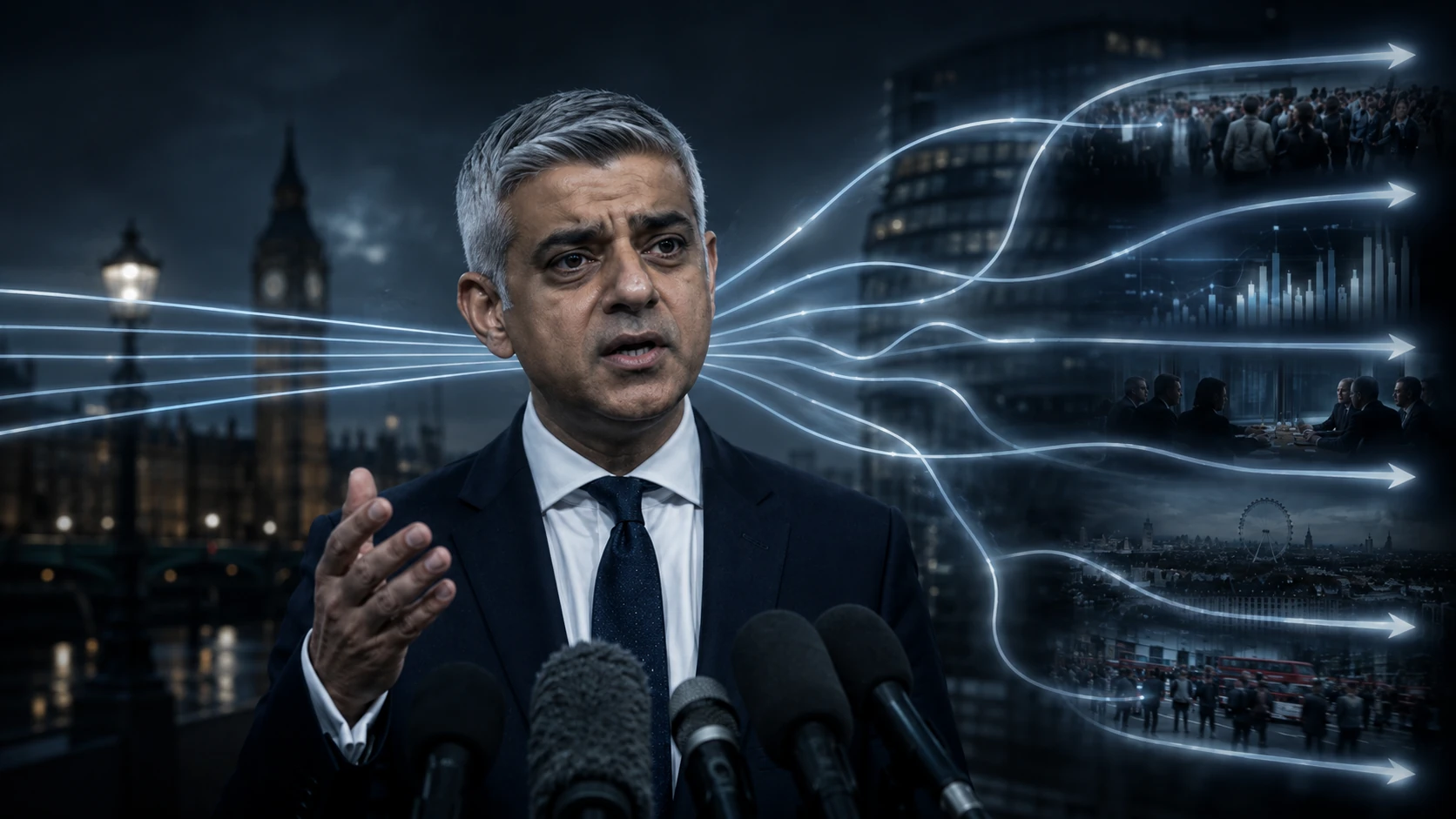 AI-generated editorial image of a public figure at a press microphone in a dark civic chamber, with luminous lines suggesting a question being rerouted through multiple frames.
