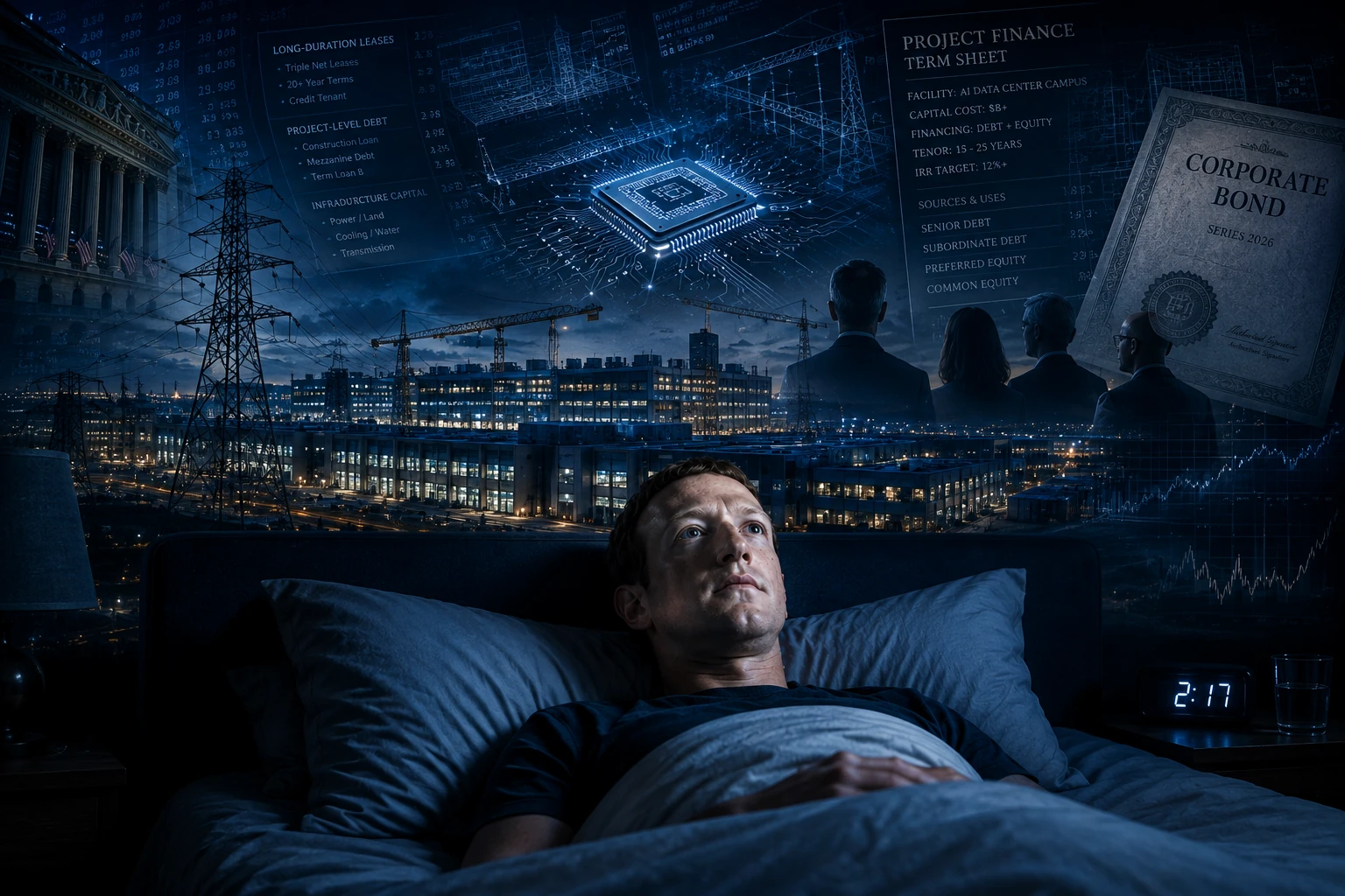 Editorial illustration of Mark Zuckerberg awake at night beneath AI data centers, power infrastructure, project finance, and corporate bond imagery.