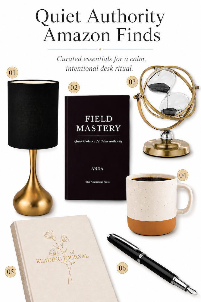 A white background collage of numbered desk items including a lamp, book, hourglass, mug, journal, and pen.